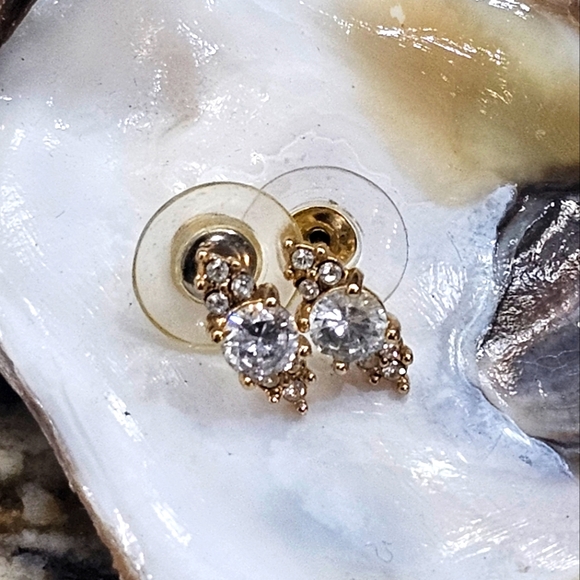 Goldtone CZ Post Earrings - Picture 1 of 8